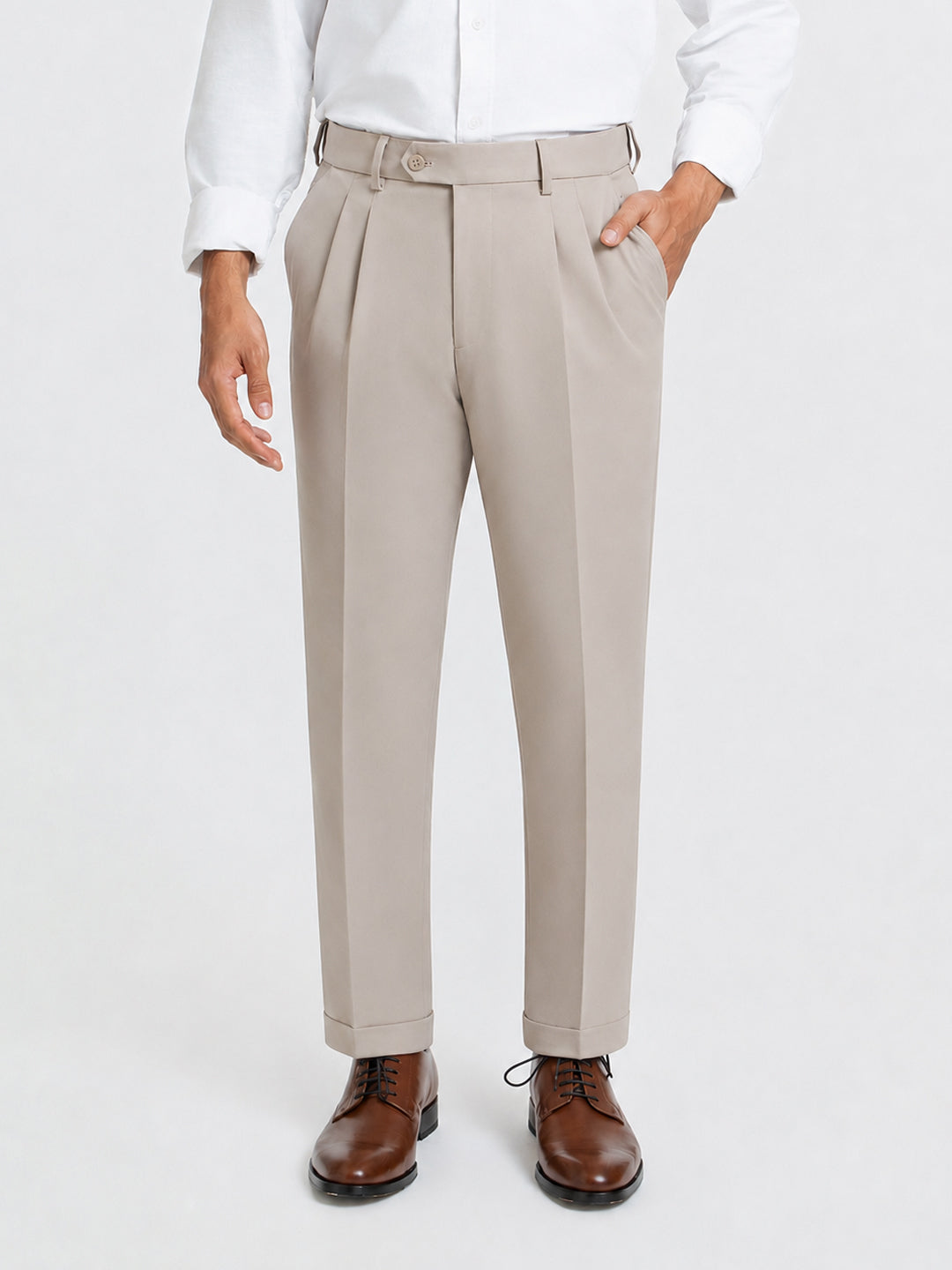 Japanese Beige Straight Fit Pleated Formal Trousers