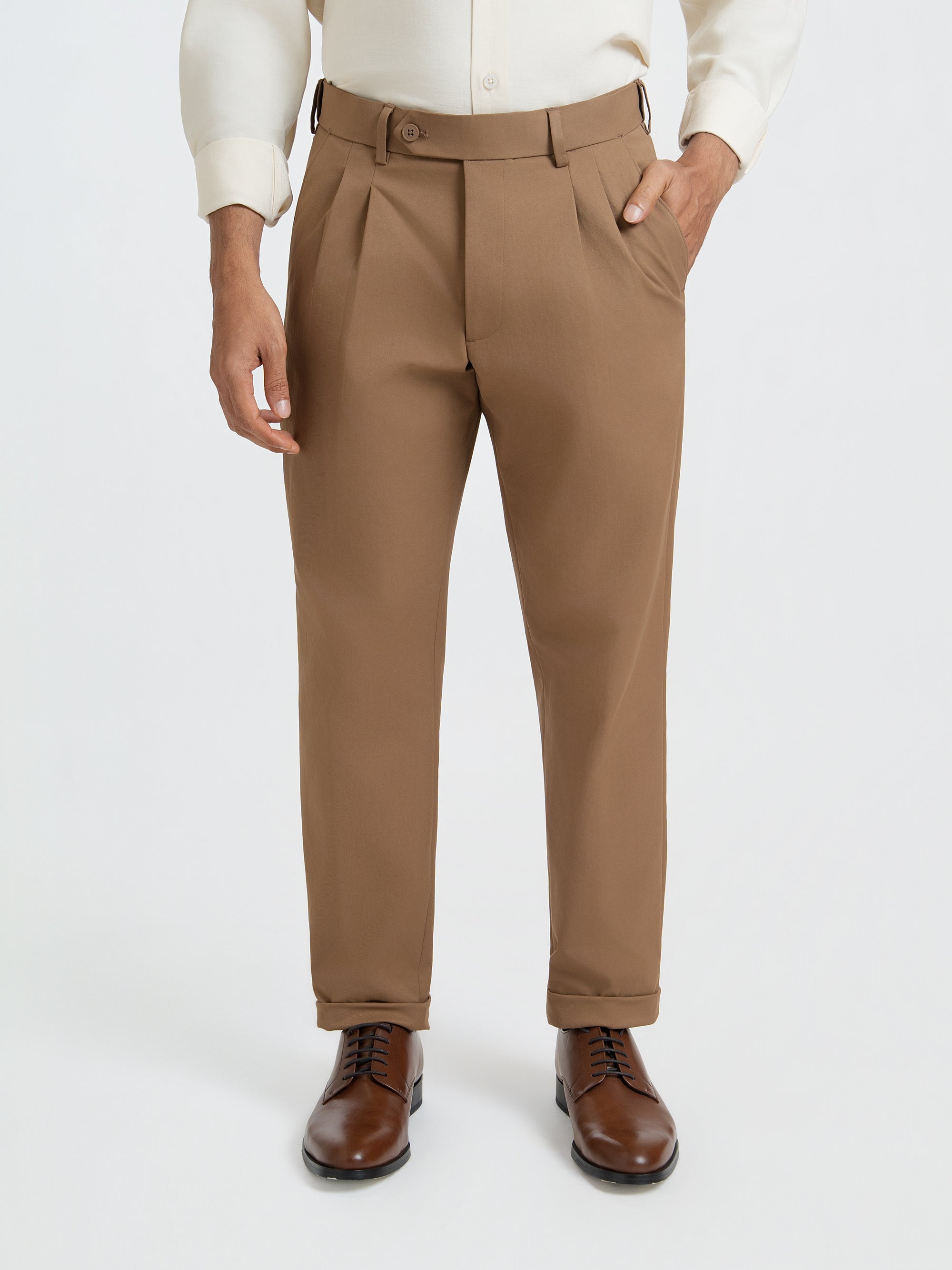 Japanese Brown Straight Fit Pleated Formal Trousers
