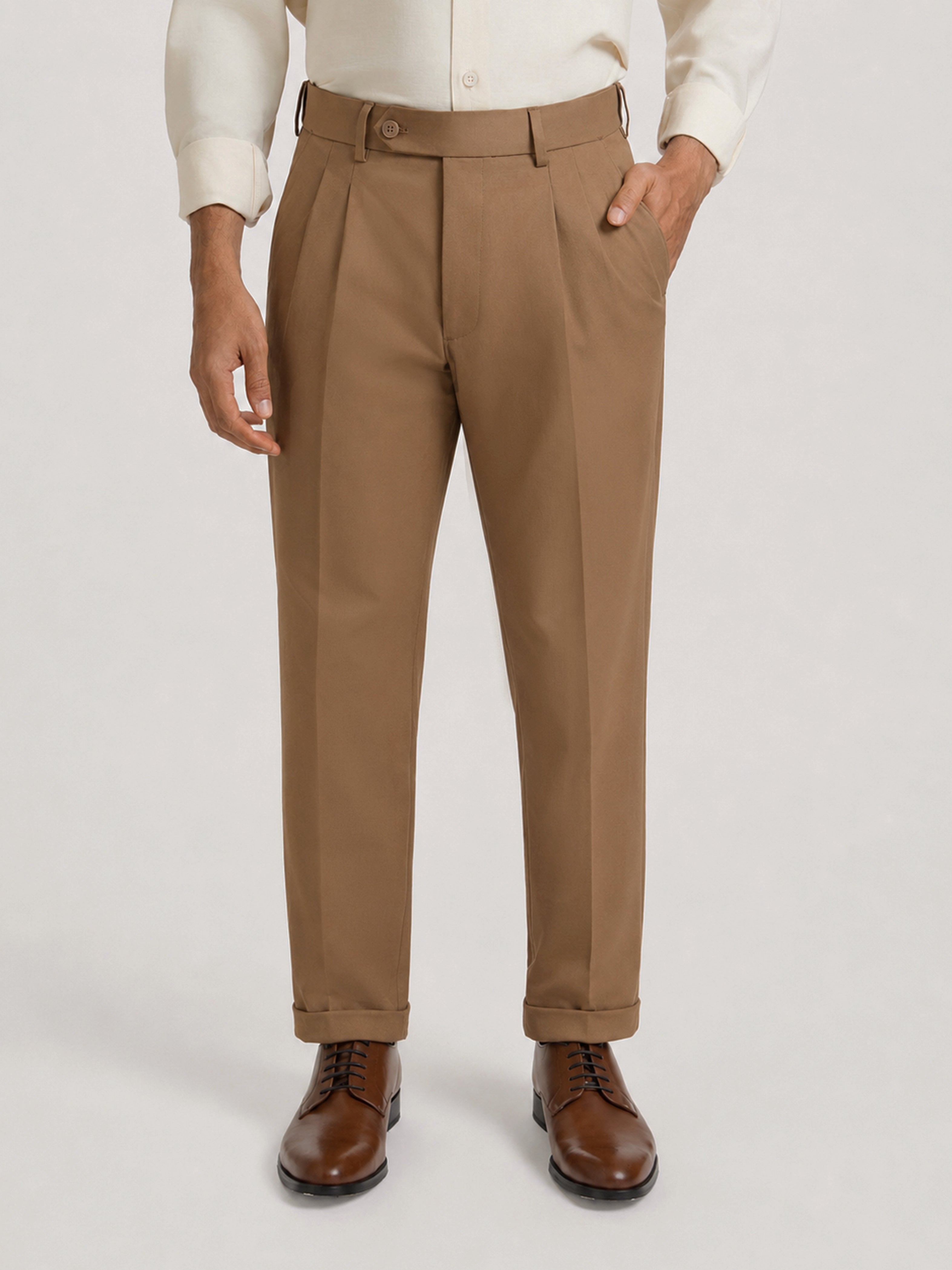 Buy Japanese Brown Straight Fit Pleated Formal Trousers Online