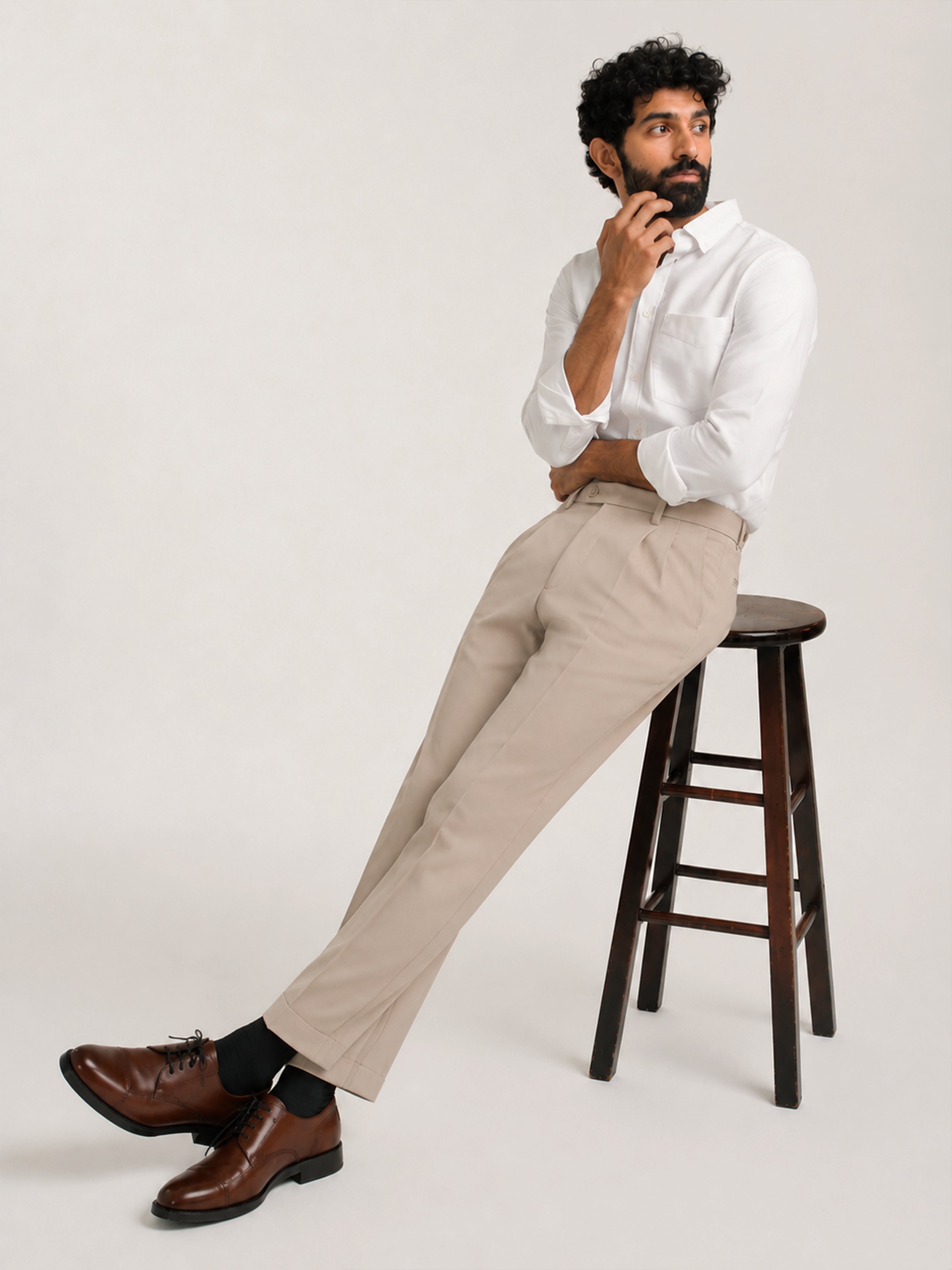 Buy Japanese Beige Straight Fit Pleated Formal Trousers Online