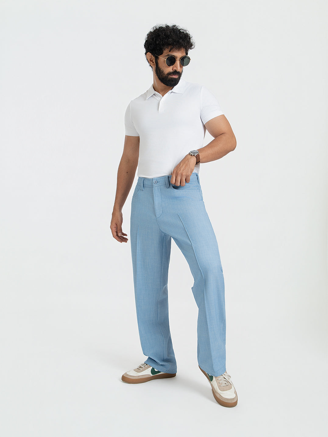 Korean Blue Relaxed Fit Pintuck Pants