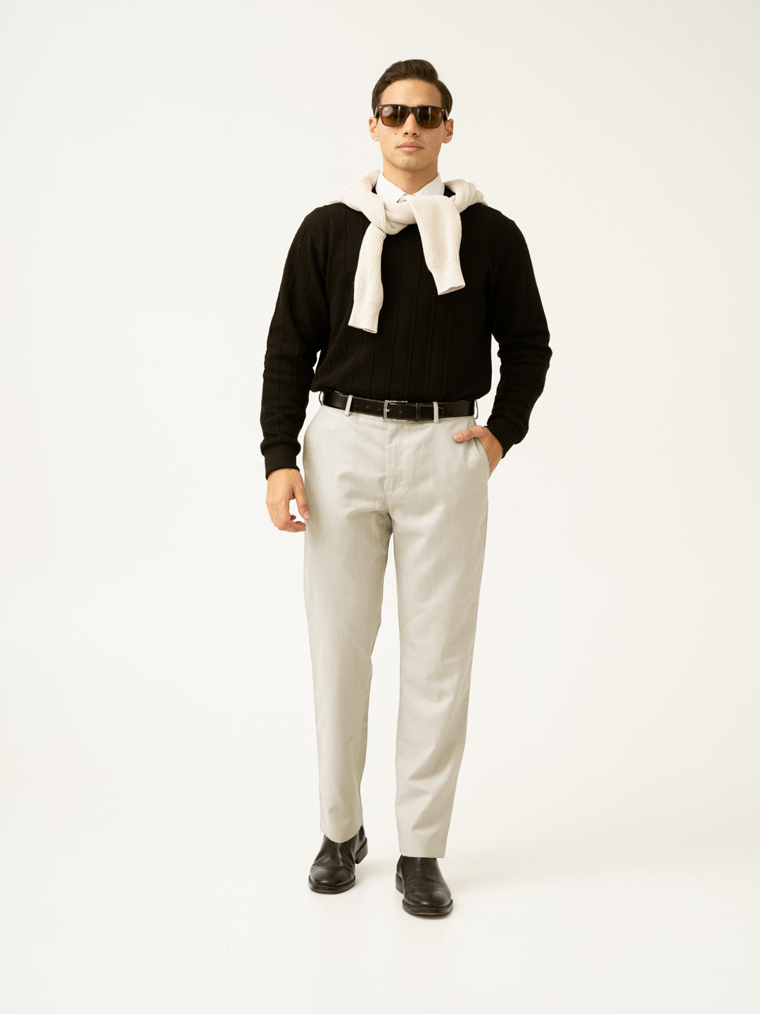 Elara Cream Melange Stretch Formal Pants