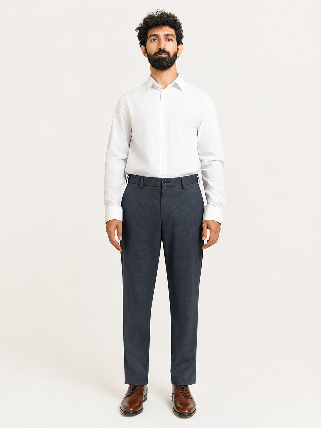 Ferron Grey Micro Checks Relaxed Fit Formal Trousers