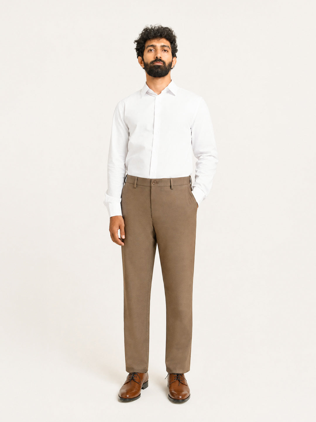 Terraforge Brown Micro Checks Relaxed Fit Formal Trousers