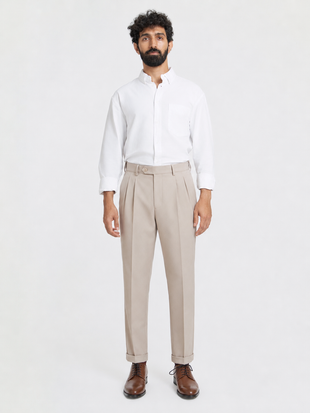 Japanese Beige Straight Fit Pleated Formal Trousers