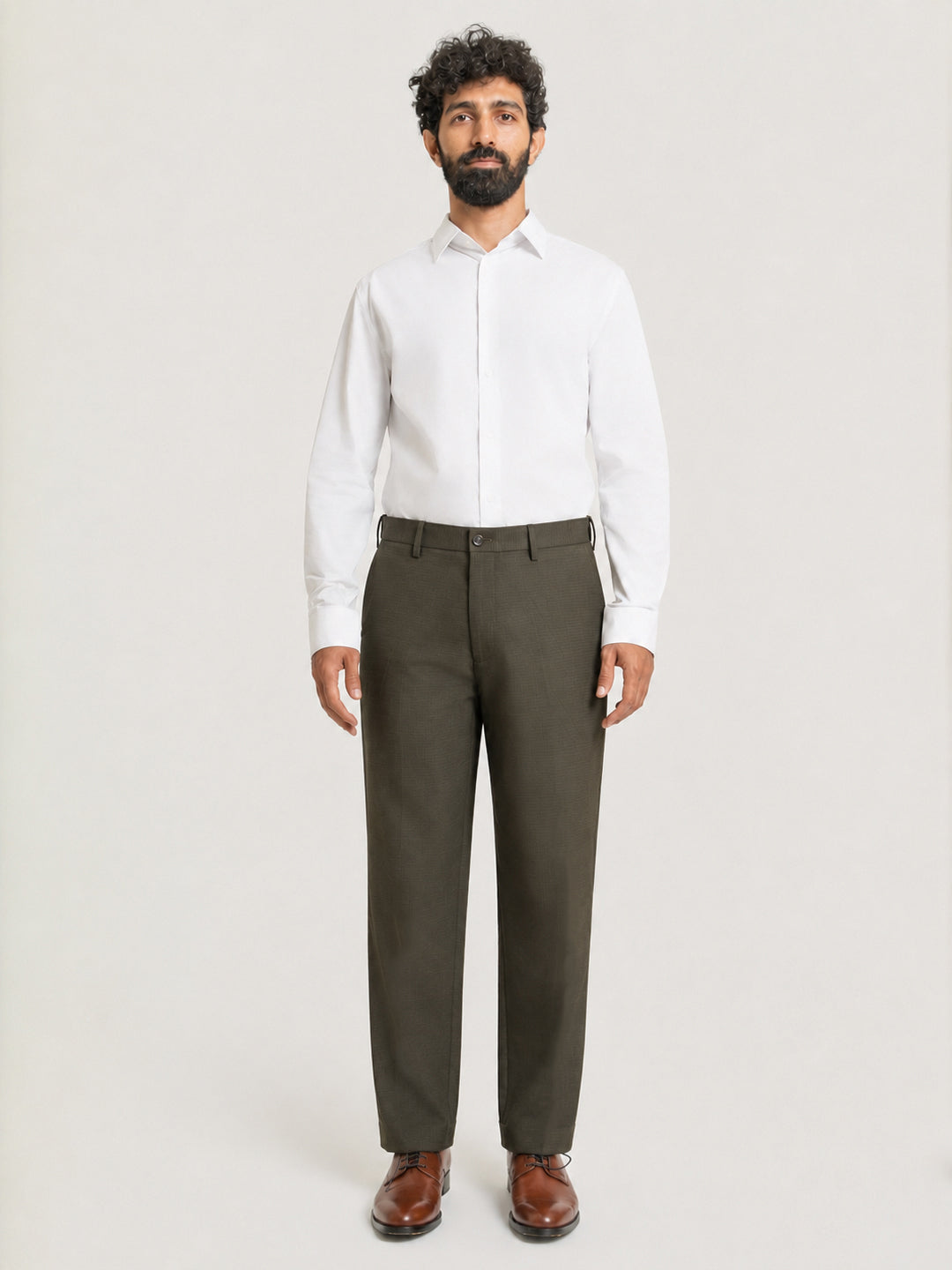 Bushland Olive Micro Checks Relaxed Fit Formal Trousers