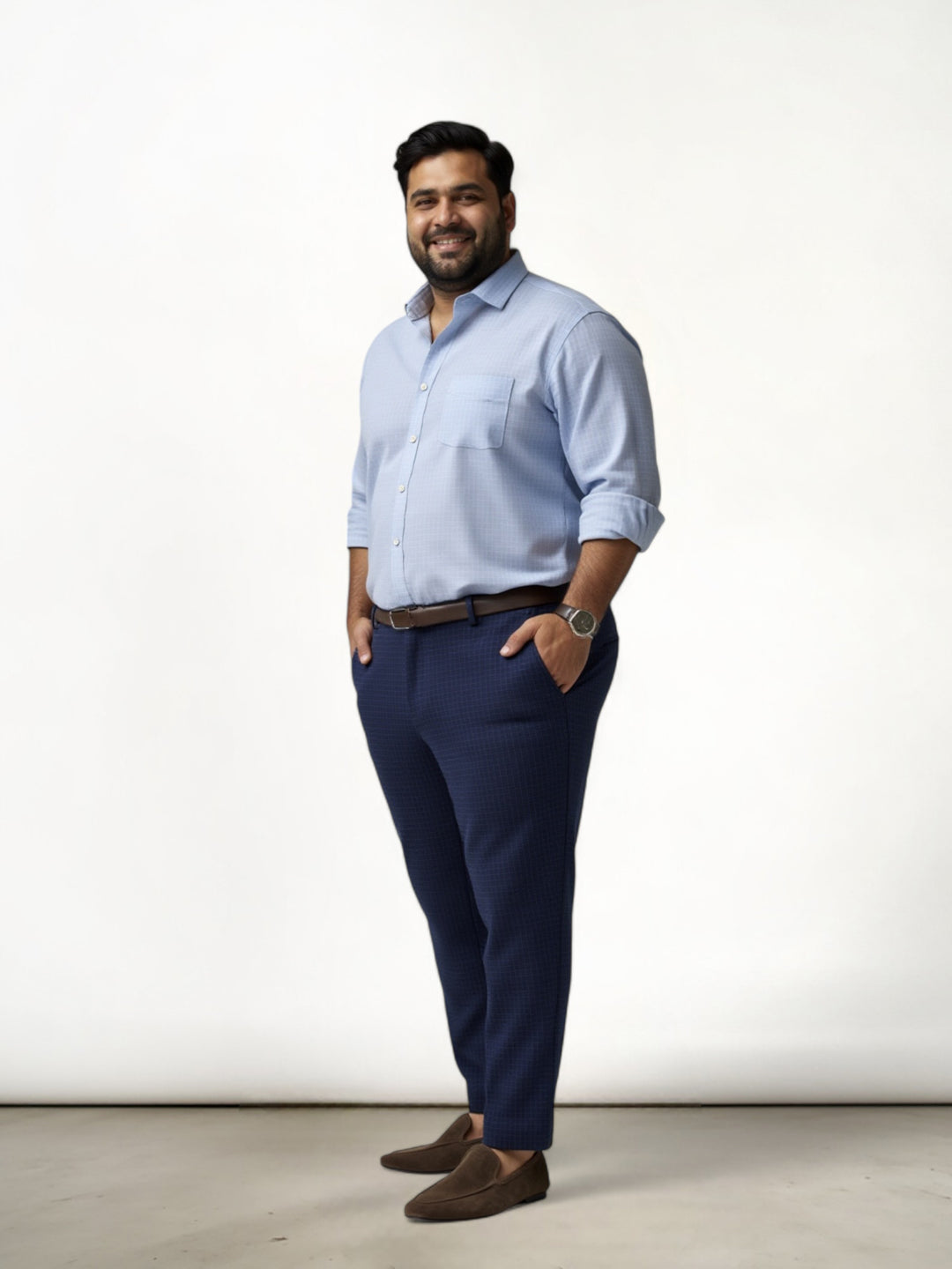 Navy Blue Checks Plus Size Power-Stretch Pants