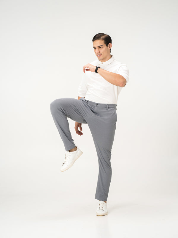 Light grey stretchable trousers by pant project, showcasing the sleek pintuck detail and comfortable fit.