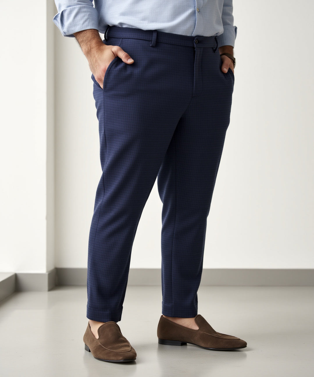Navy Blue Checks Plus Size Power-Stretch Pants