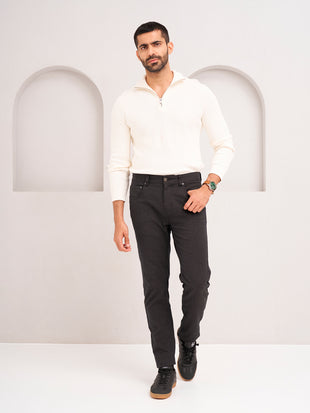 front view of wood brown check jeanos by pant project showcasing classic fit