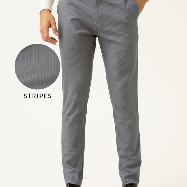 Buy Men's Ash Grey Stripes Slim Fit Formal Trousers Online