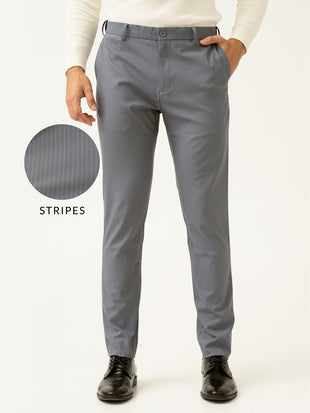 Ash Grey Stripes Slim Fit Stretch Formal Pants