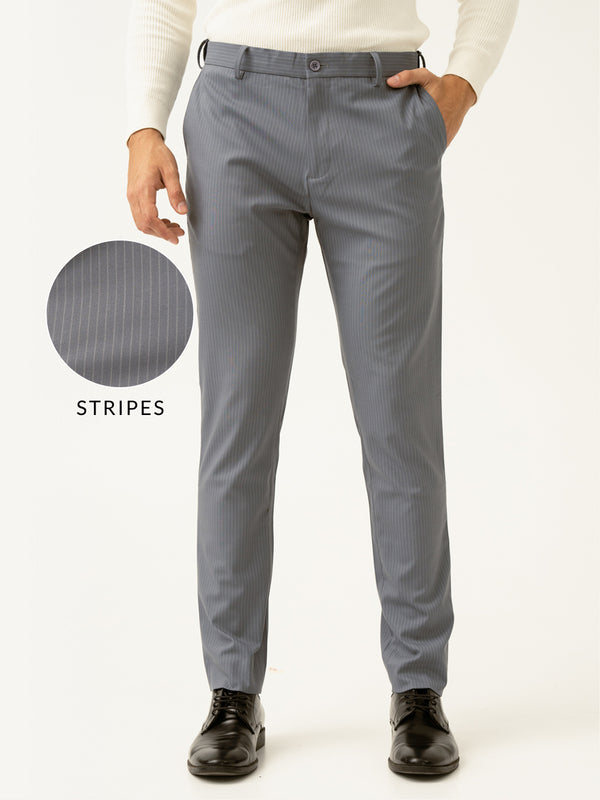 Ash Grey Stripes Slim Fit Stretch Formal Pants