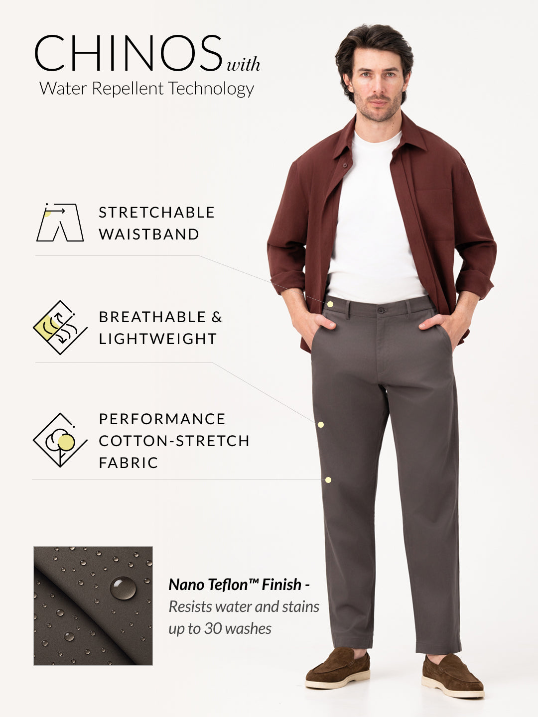 Ashvane Grey Relaxed Fit Stretch Chinos for Men