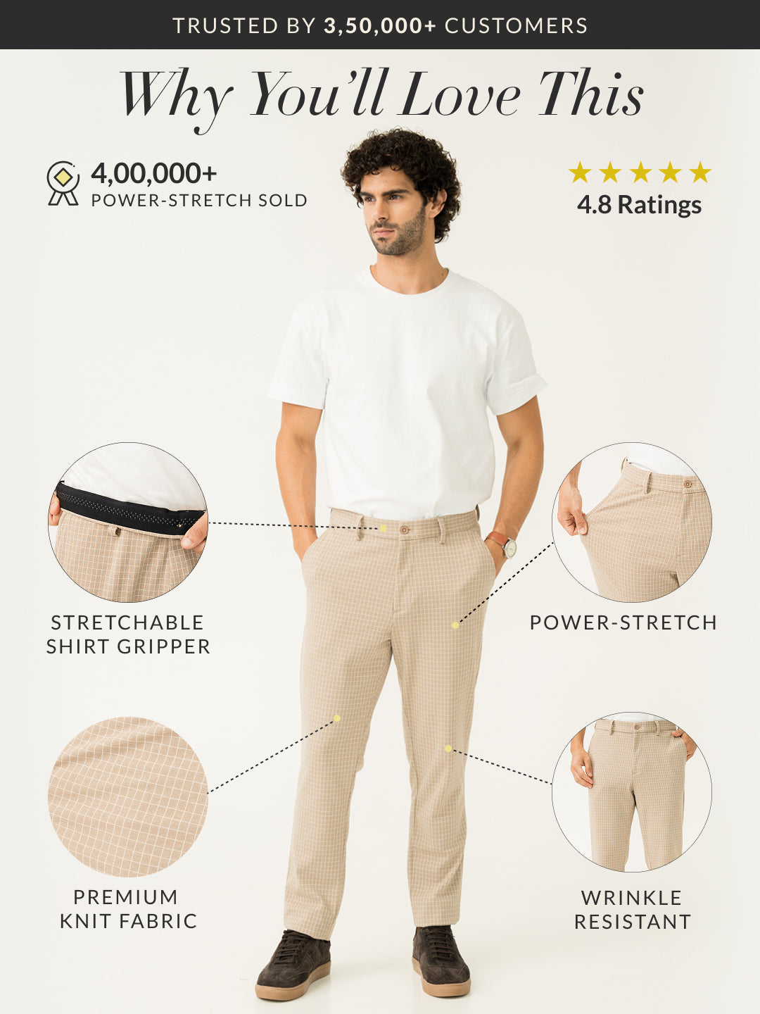 Bikaner Khaki Checks Slim Fit Power Stretch Pants