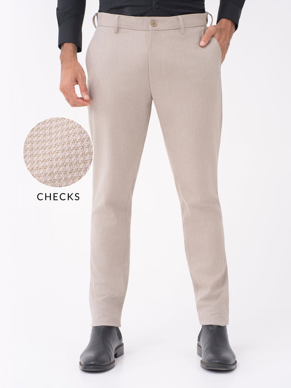 Bison Beige Textured Slim Fit Stretch Formal Pants