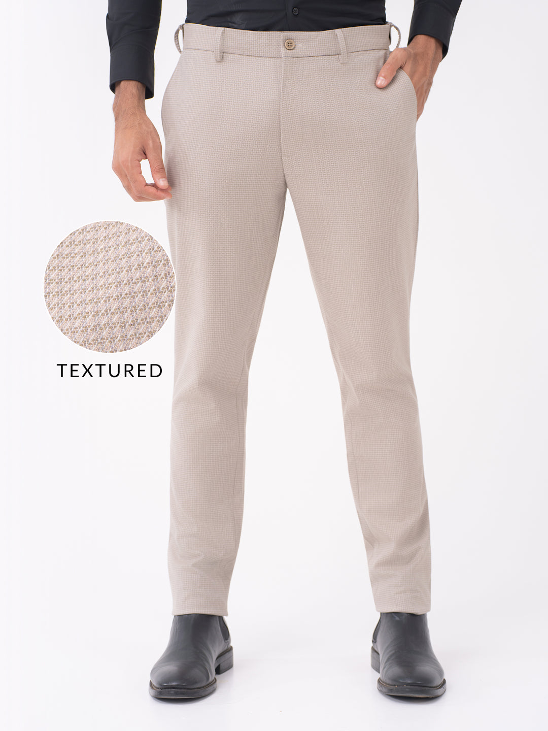 Bison Beige Textured Slim Fit Stretch Formal Pants
