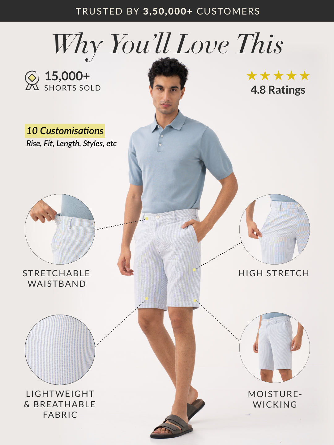 Close-up of breeze blue stripes seersucker chino shorts by pant project, showcasing lightweight fabric and classic stripe pattern.