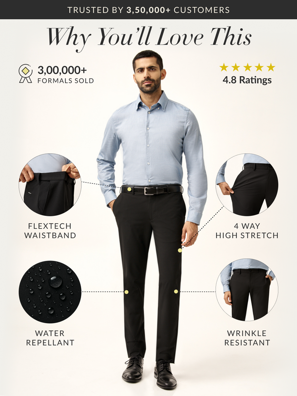 Brisk Black Water Repellant Slim Fit Stretch Formal Pants