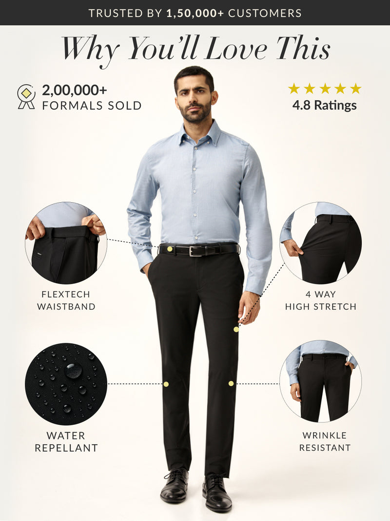 Brisk Black Water Repellant Slim Fit Stretch Formal Pants