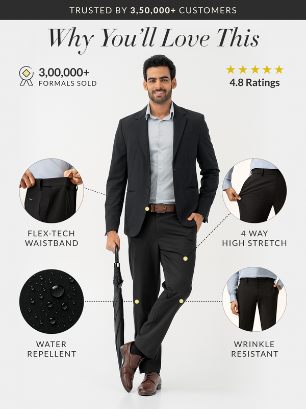Brisk Black Water Repellent Relaxed Fit Stretch Formal Pant
