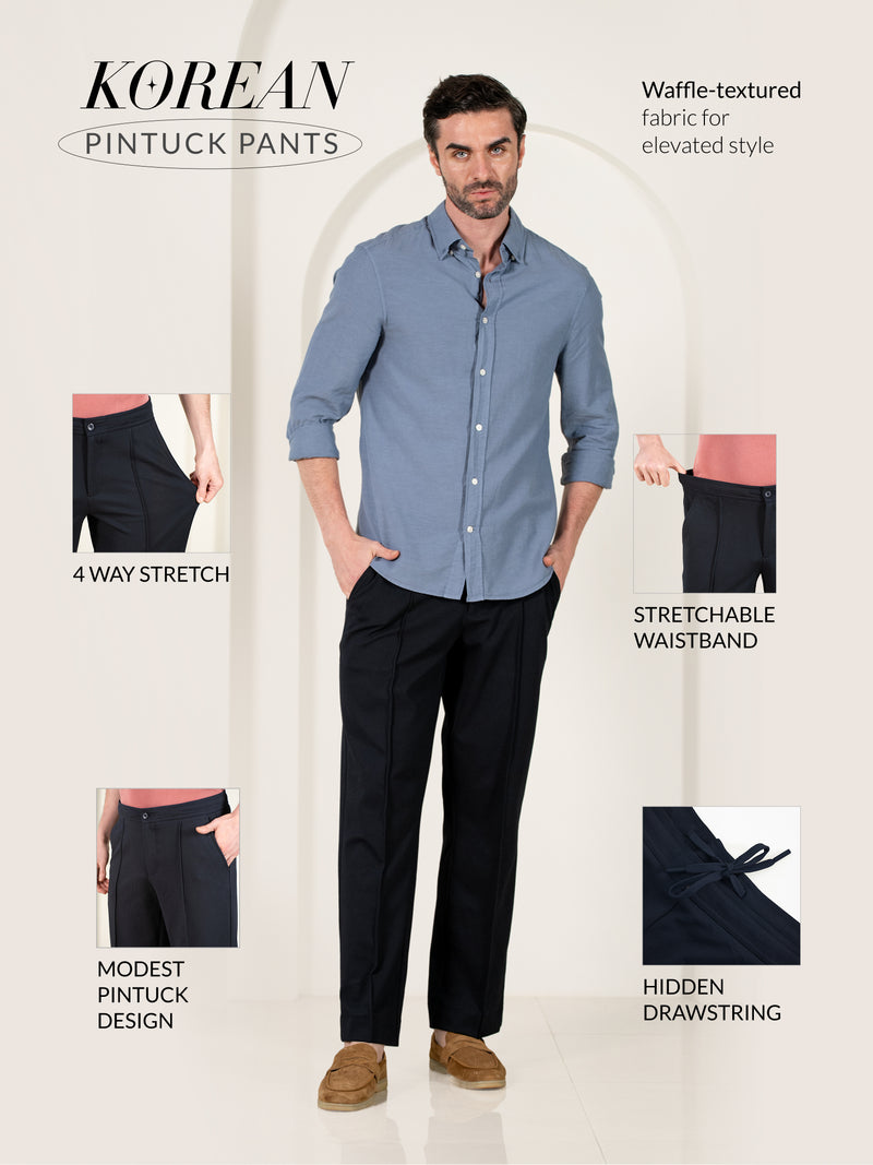 Brooke Navy Relaxed Fit Power-Stretch Korean Pintuck Pants