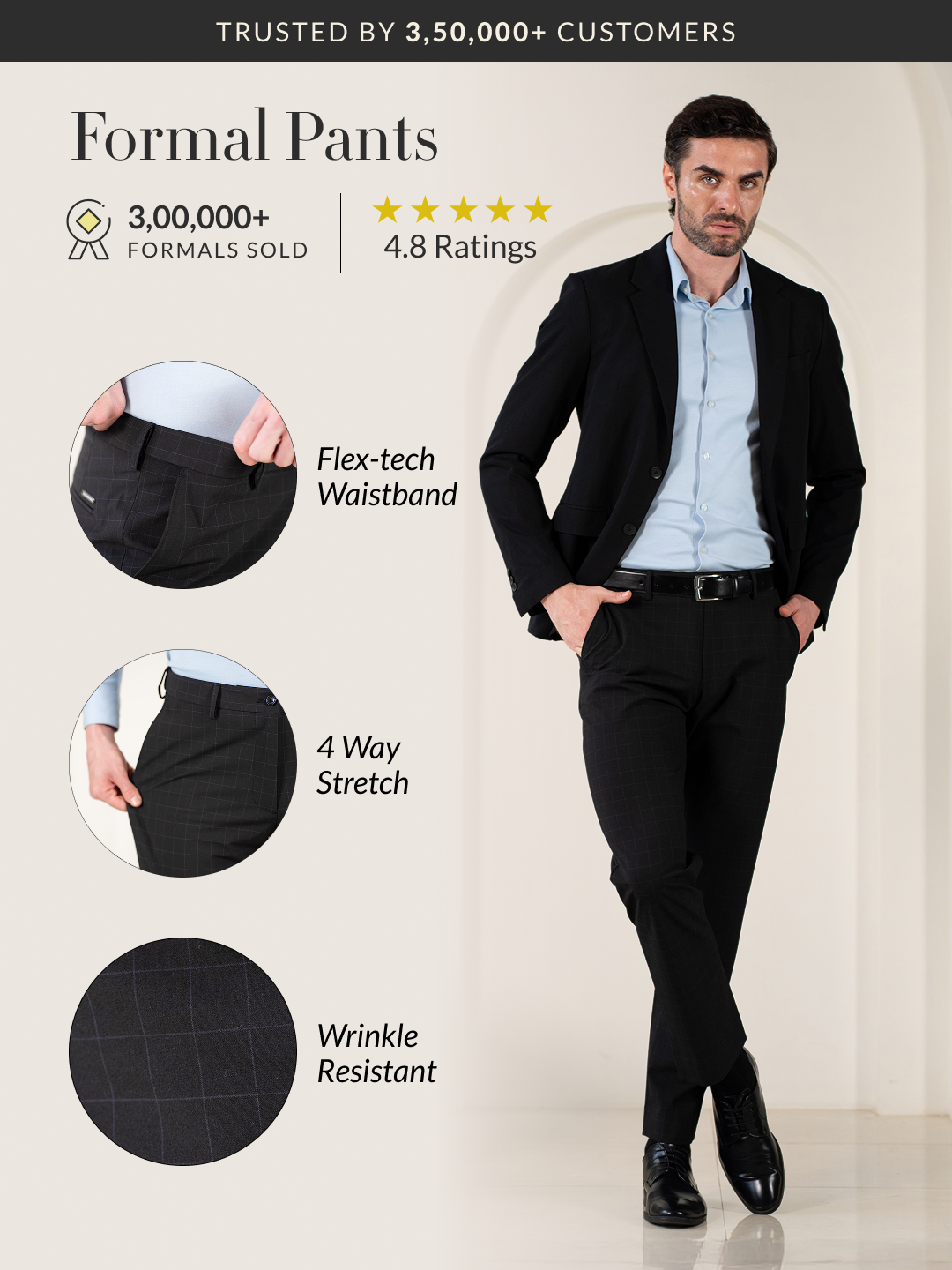 Cartographer Black Checks Relaxed Fit Stretch Formal Pants