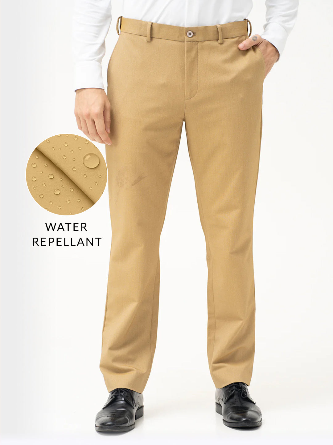 Cobblestone Khaki Textured Water Repellent Relaxed Fit Stretch Formal Pants