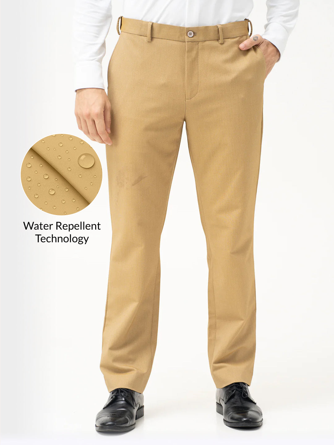 Cobblestone Khaki Textured Water Repellent Relaxed Fit Stretch Formal Pants
