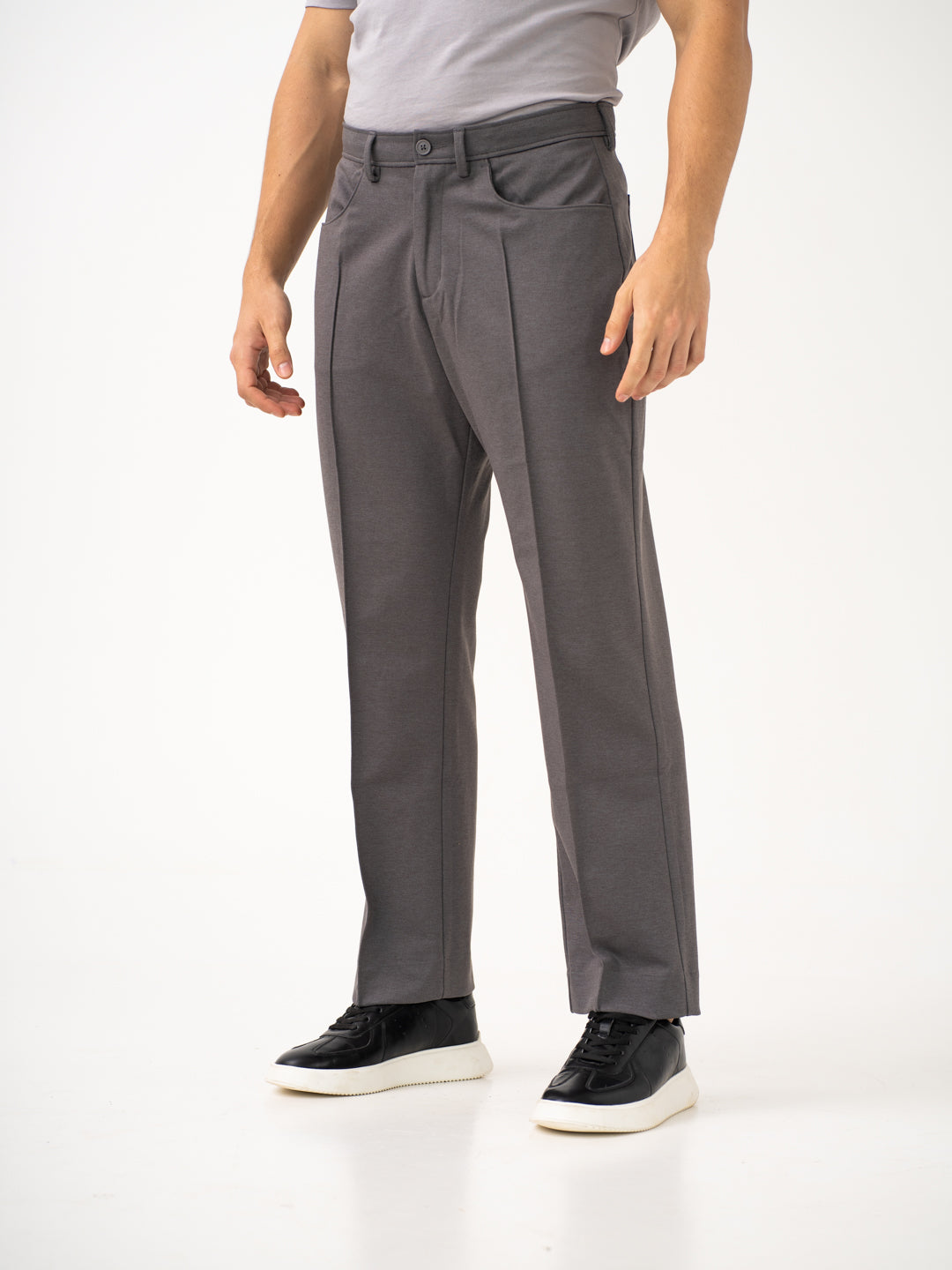 front view of grey pants by Pant Project focusing on the relaxed fit and waistband design