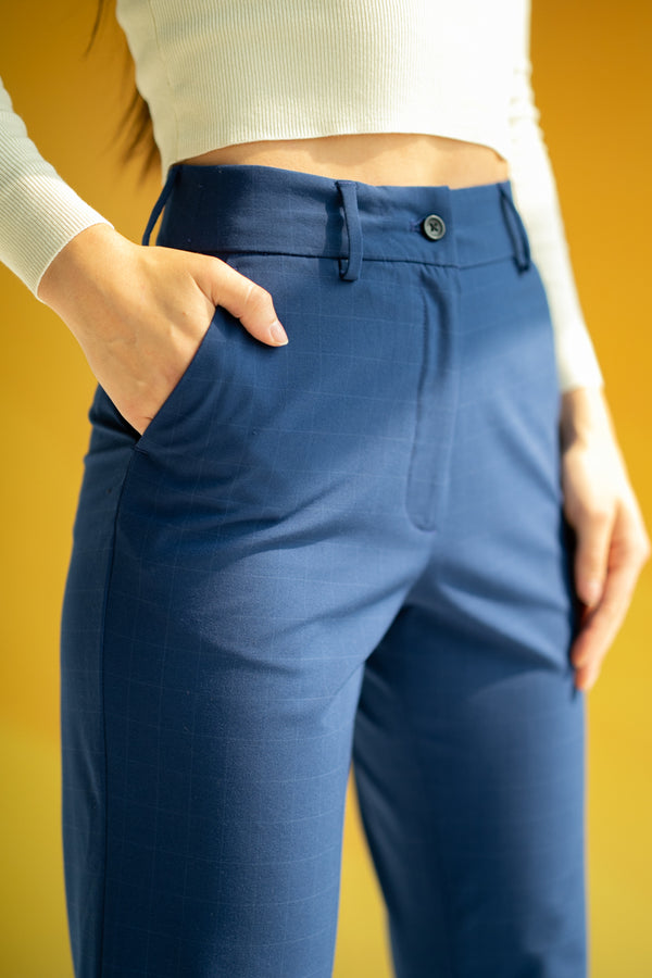 Electric Blue Checks Women Formal Pants