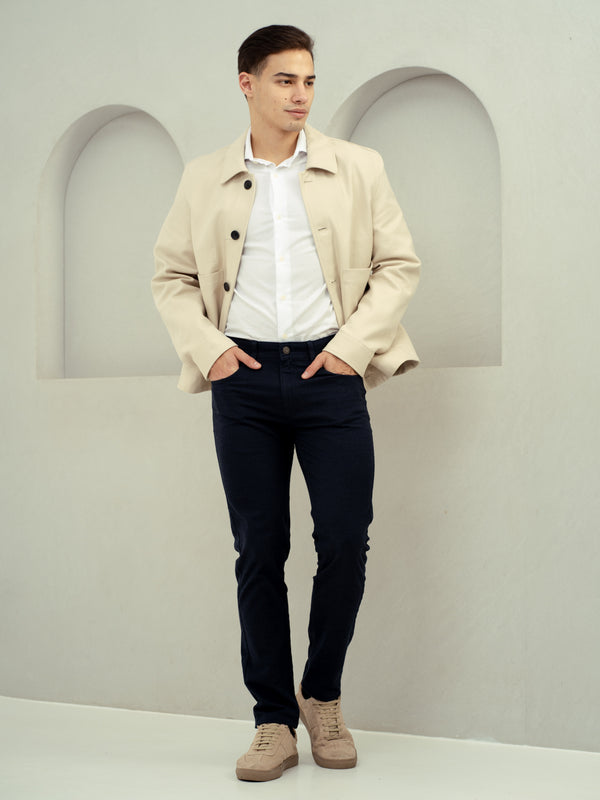 full view of navy jeans by pant project with slim fit