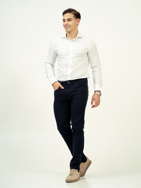 full view of navy jeans by pant project with slim fit