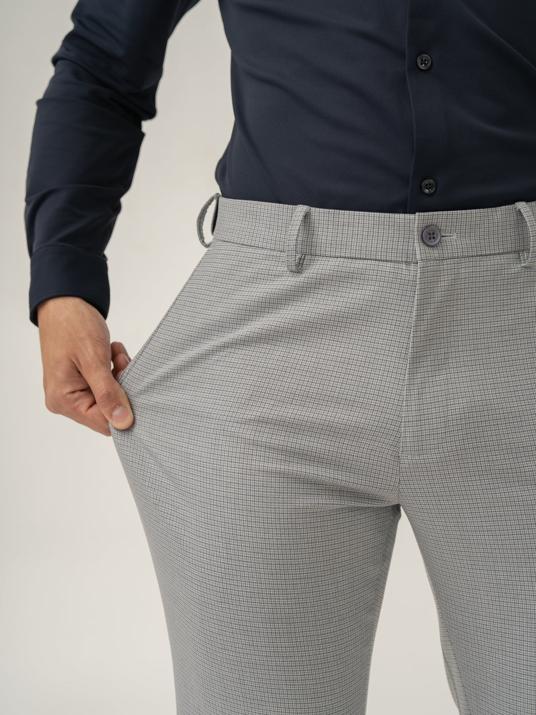 Armour Grey Micro Checks Slim Fit Stretch Formal Pant