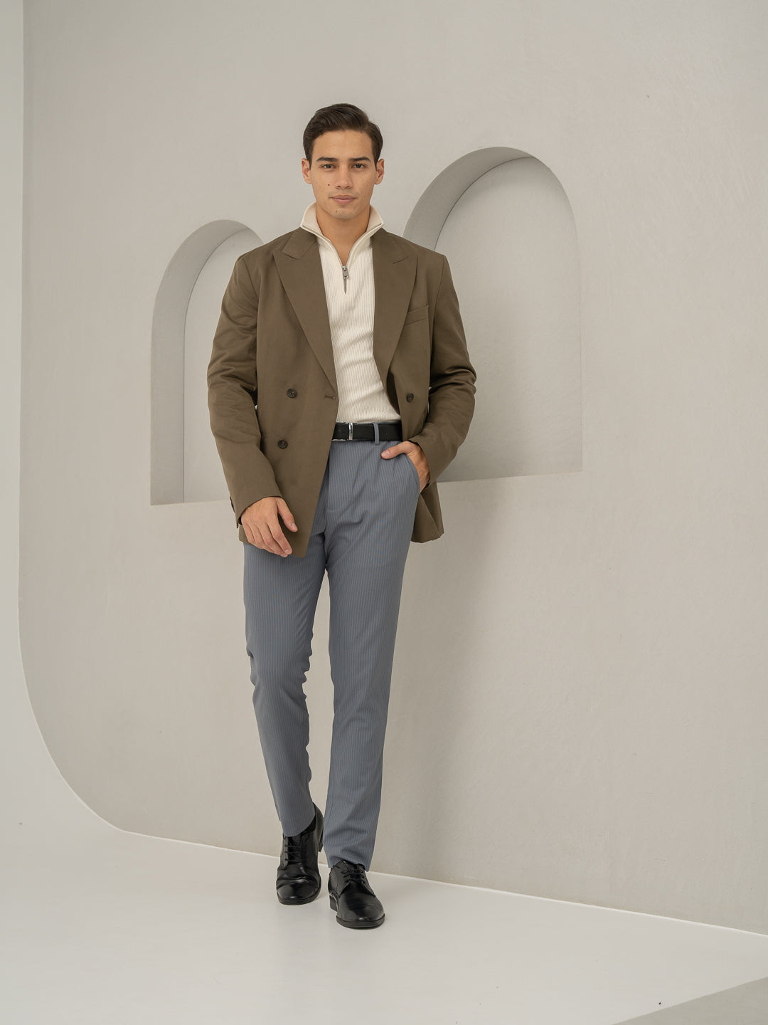 Ash Grey Stripes Slim Fit Stretch Formal Pants