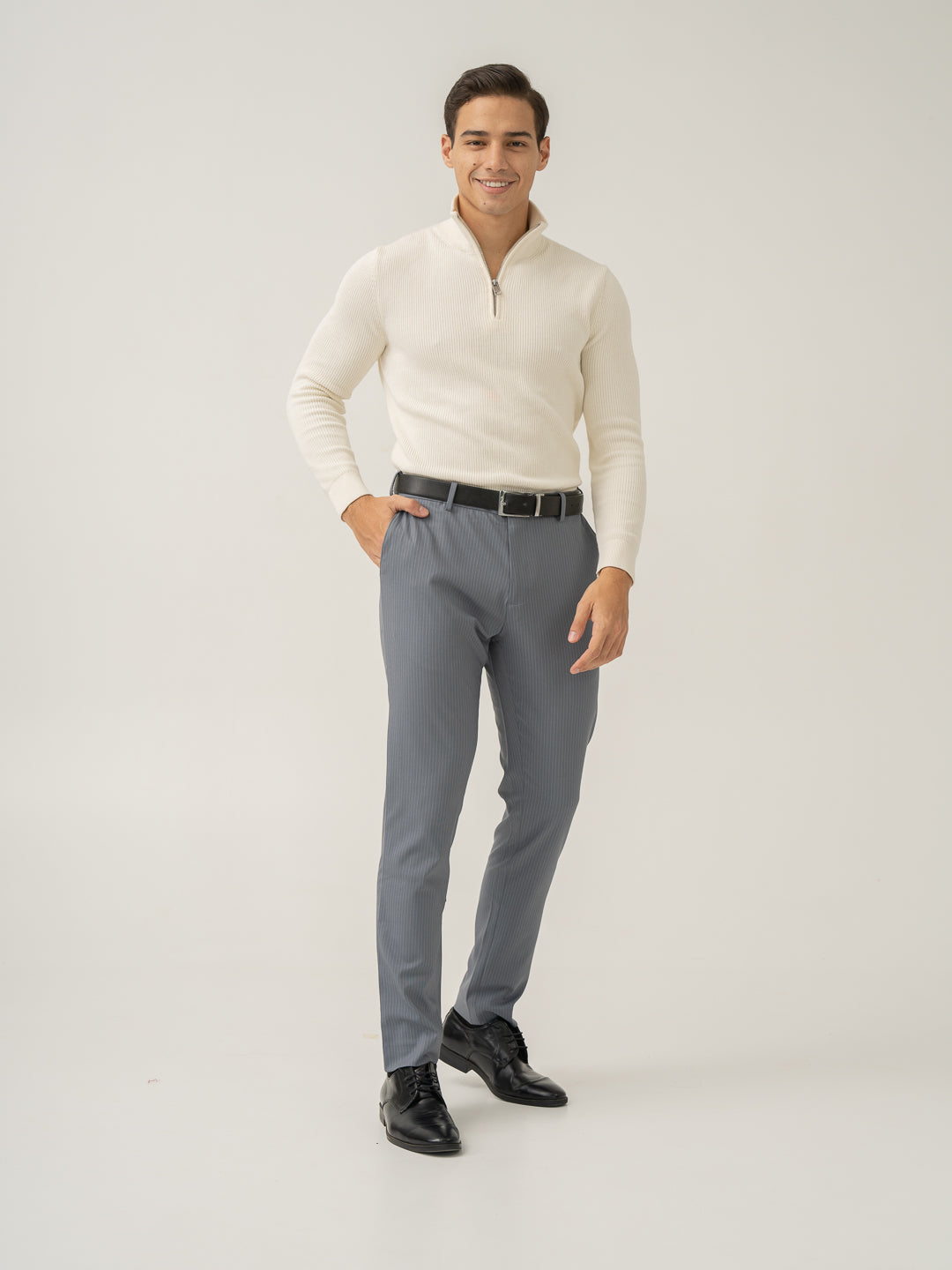 Mist Grey Stripes Stretch Formal Pants