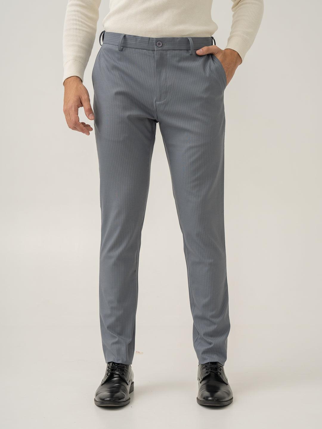 Ash Grey Stripes Slim Fit Stretch Formal Pants