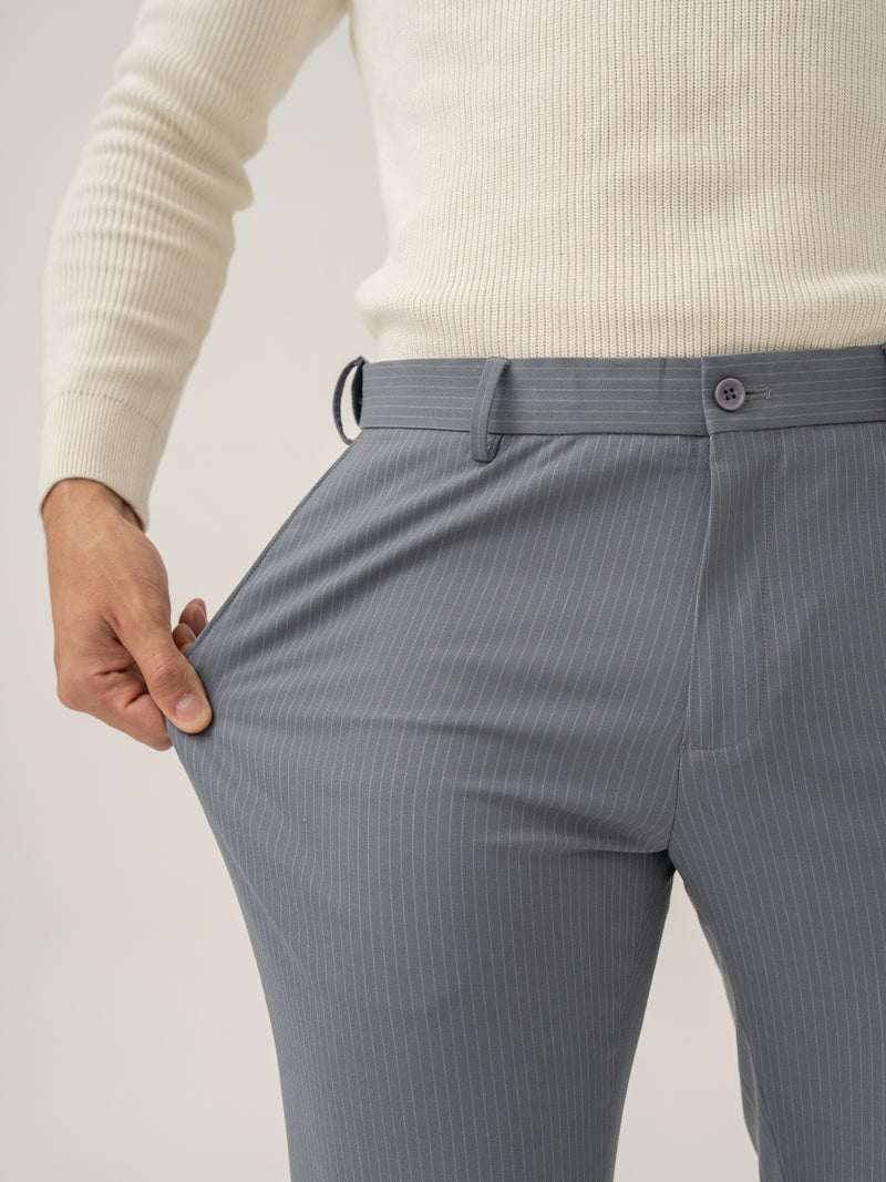 Mist Grey Stripes Stretch Formal Pants