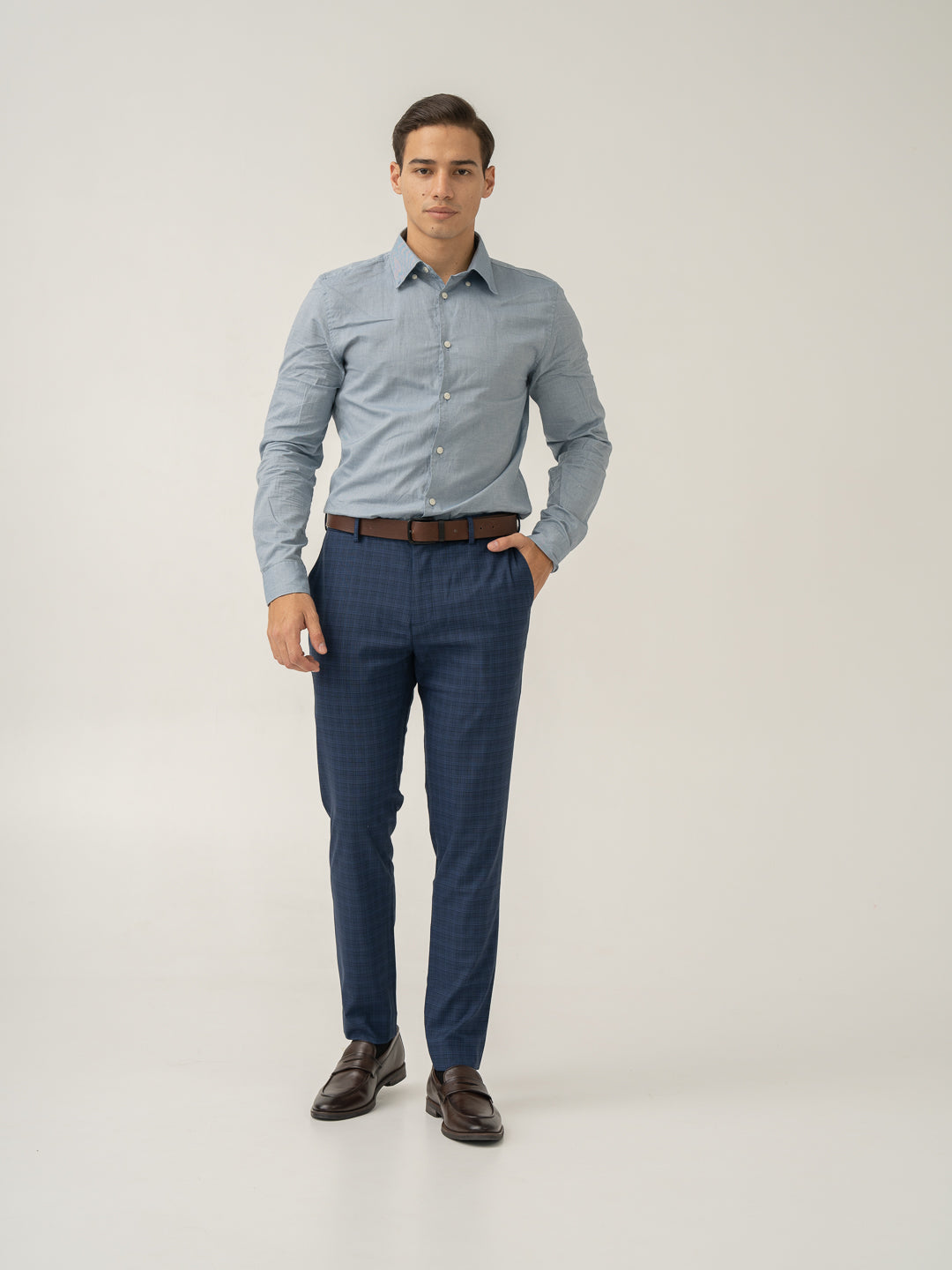 Passport Blue Checks Slim Fit Stretch Formal Pant