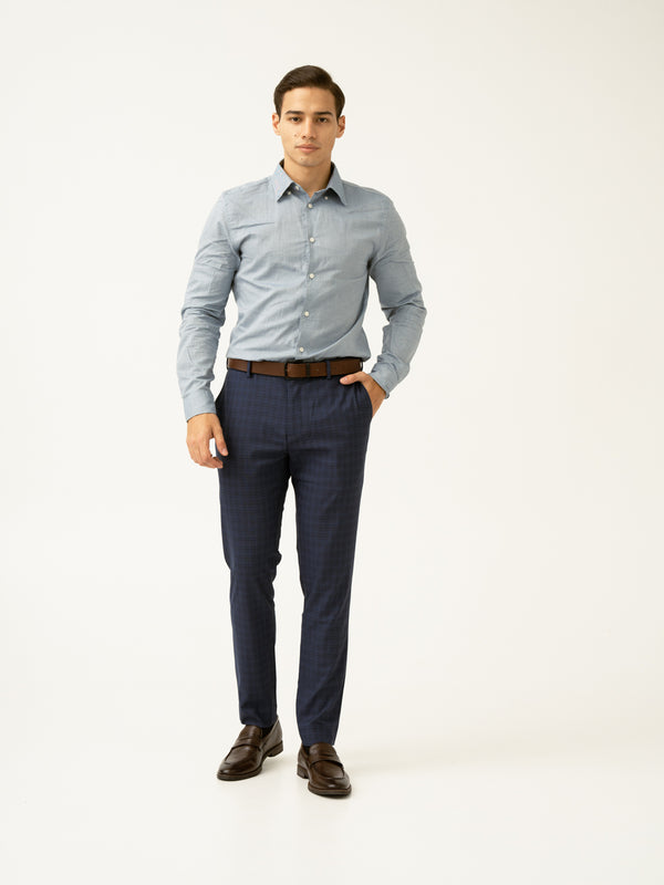 Passport Blue Checks Slim Fit Stretch Formal Pant