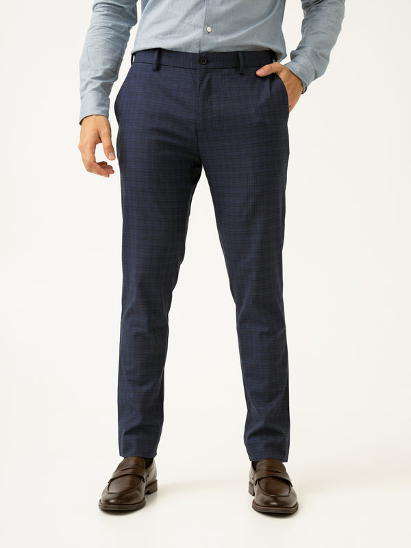 Passport Blue Checks Slim Fit Stretch Formal Pant