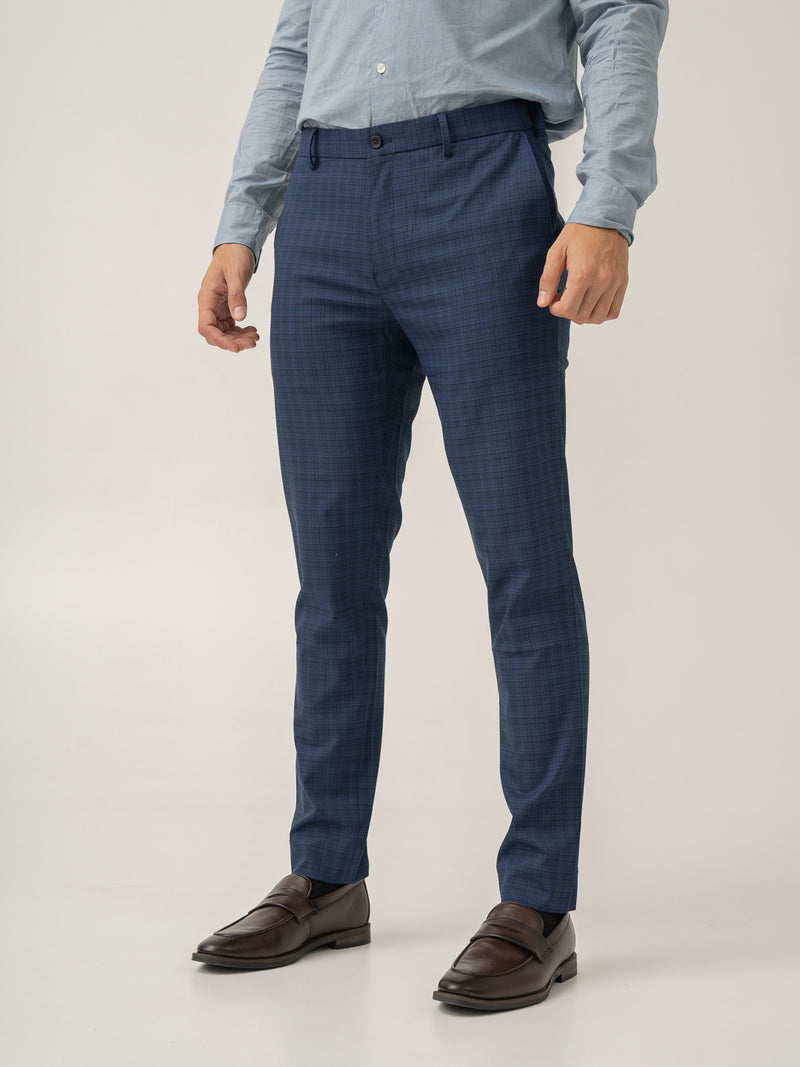 Passport Blue Checks Slim Fit Stretch Formal Pant