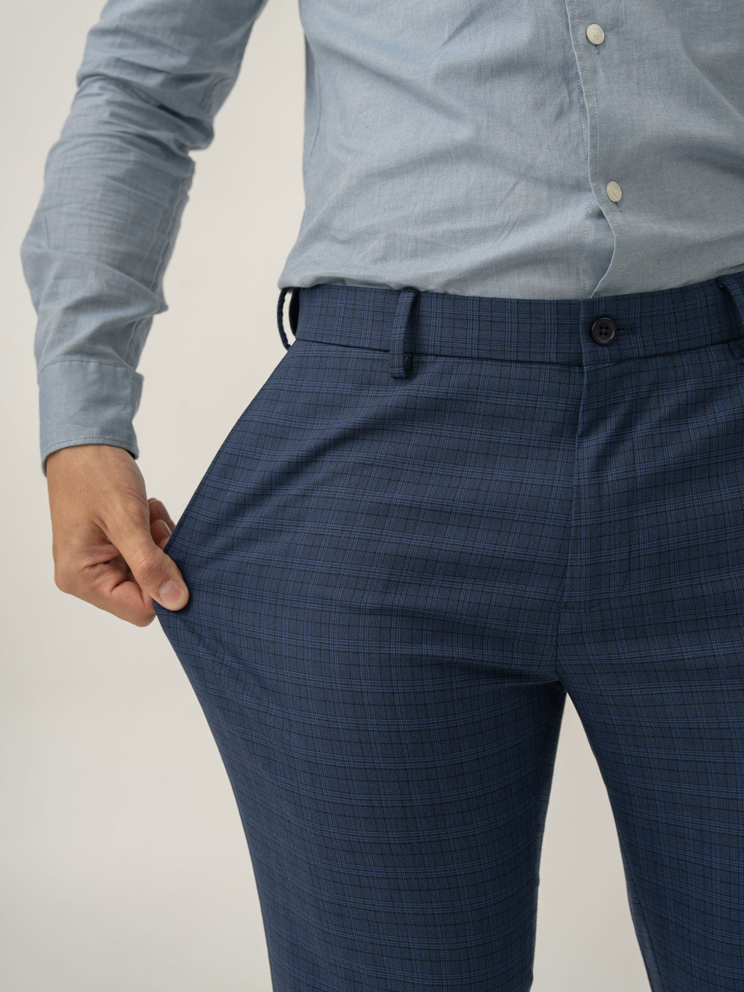 Passport Blue Checks Slim Fit Stretch Formal Pant