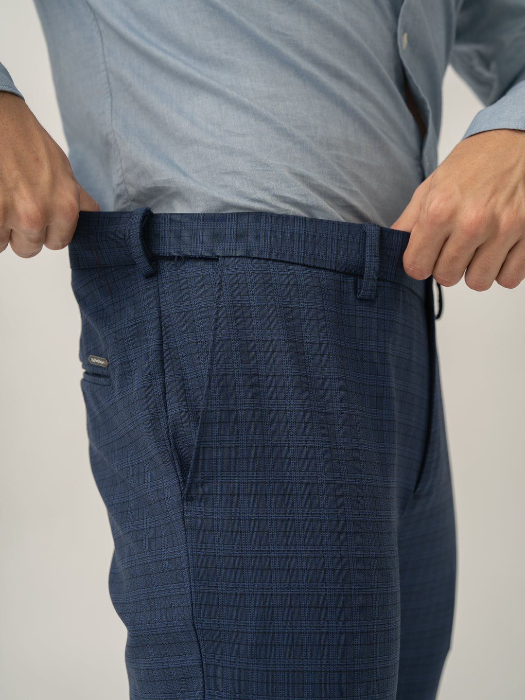 Passport Blue Checks Slim Fit Stretch Formal Pant