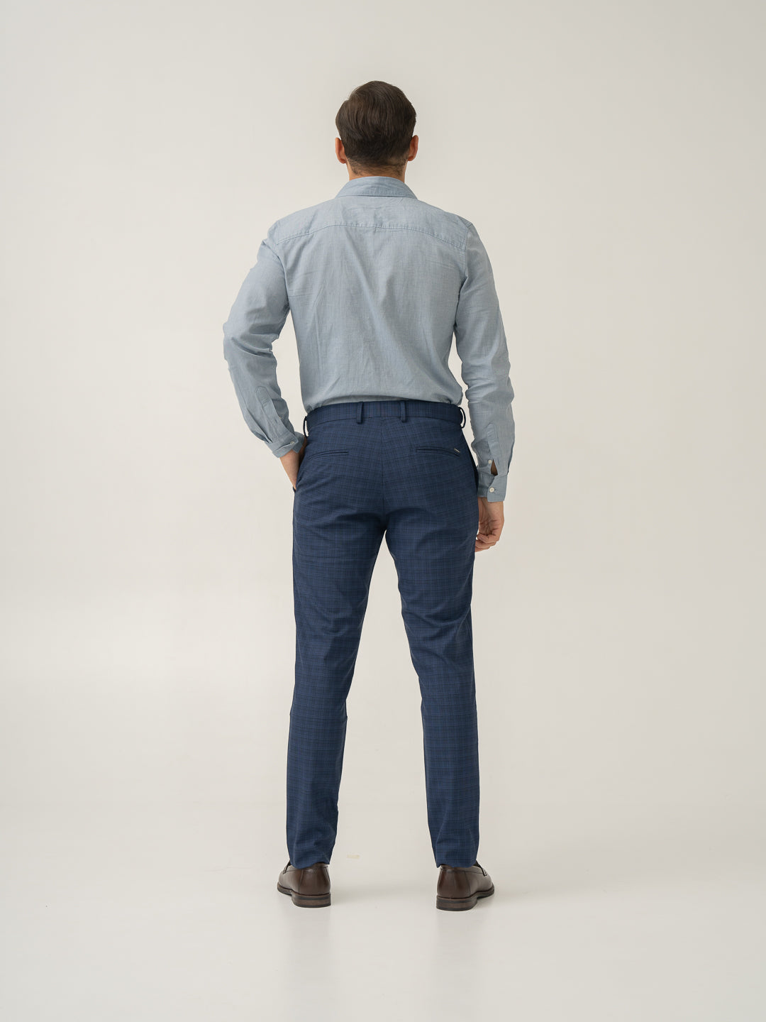 Passport Blue Checks Slim Fit Stretch Formal Pant