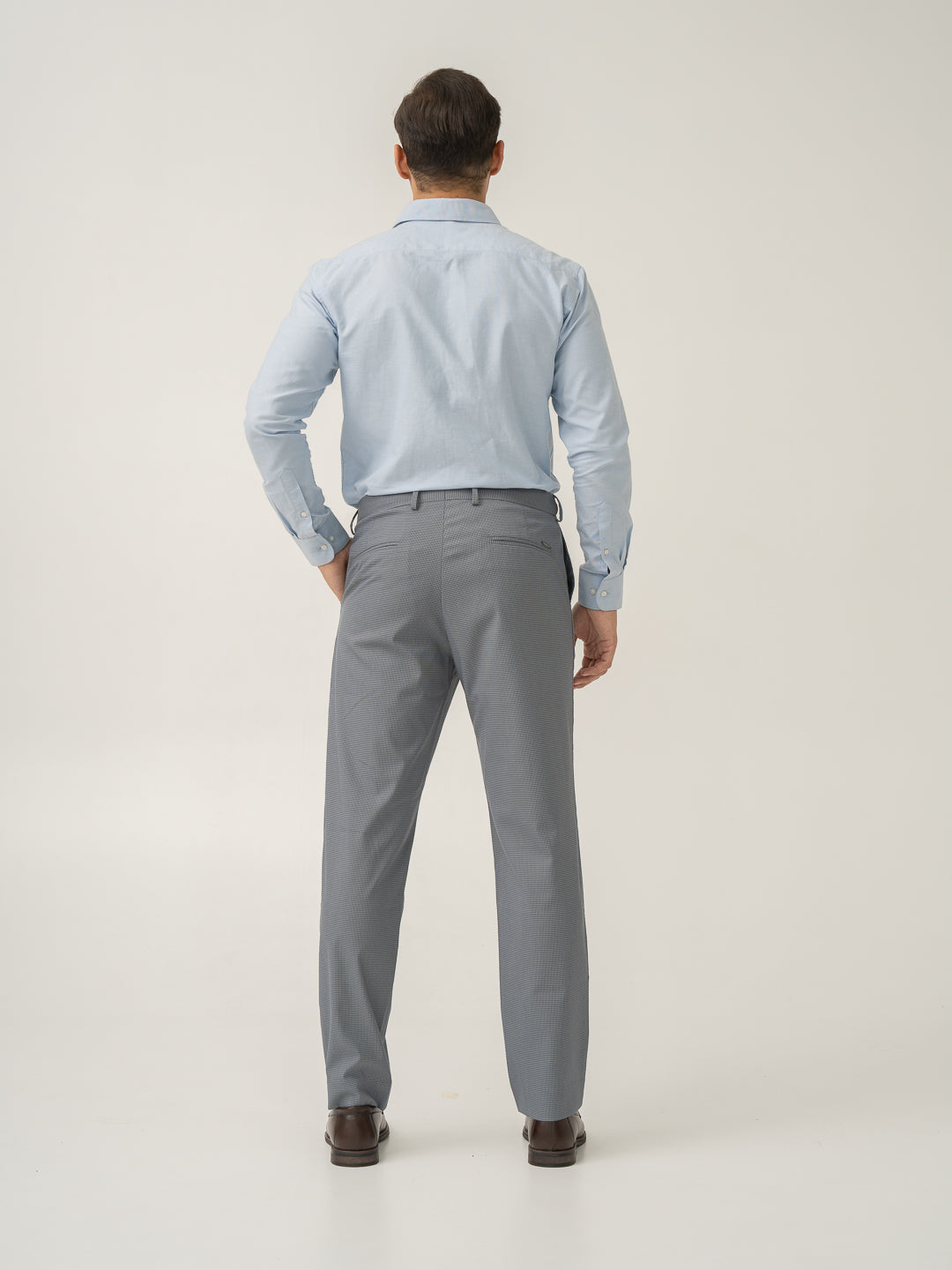 back view of grey pant by pant project showcasing tailored fit