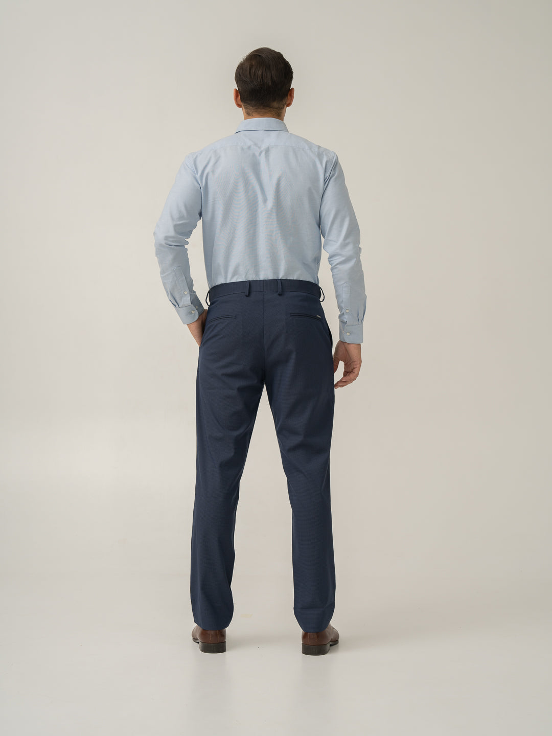 Whale Blue Mini Checks Relaxed Fit Stretch Formal Pants