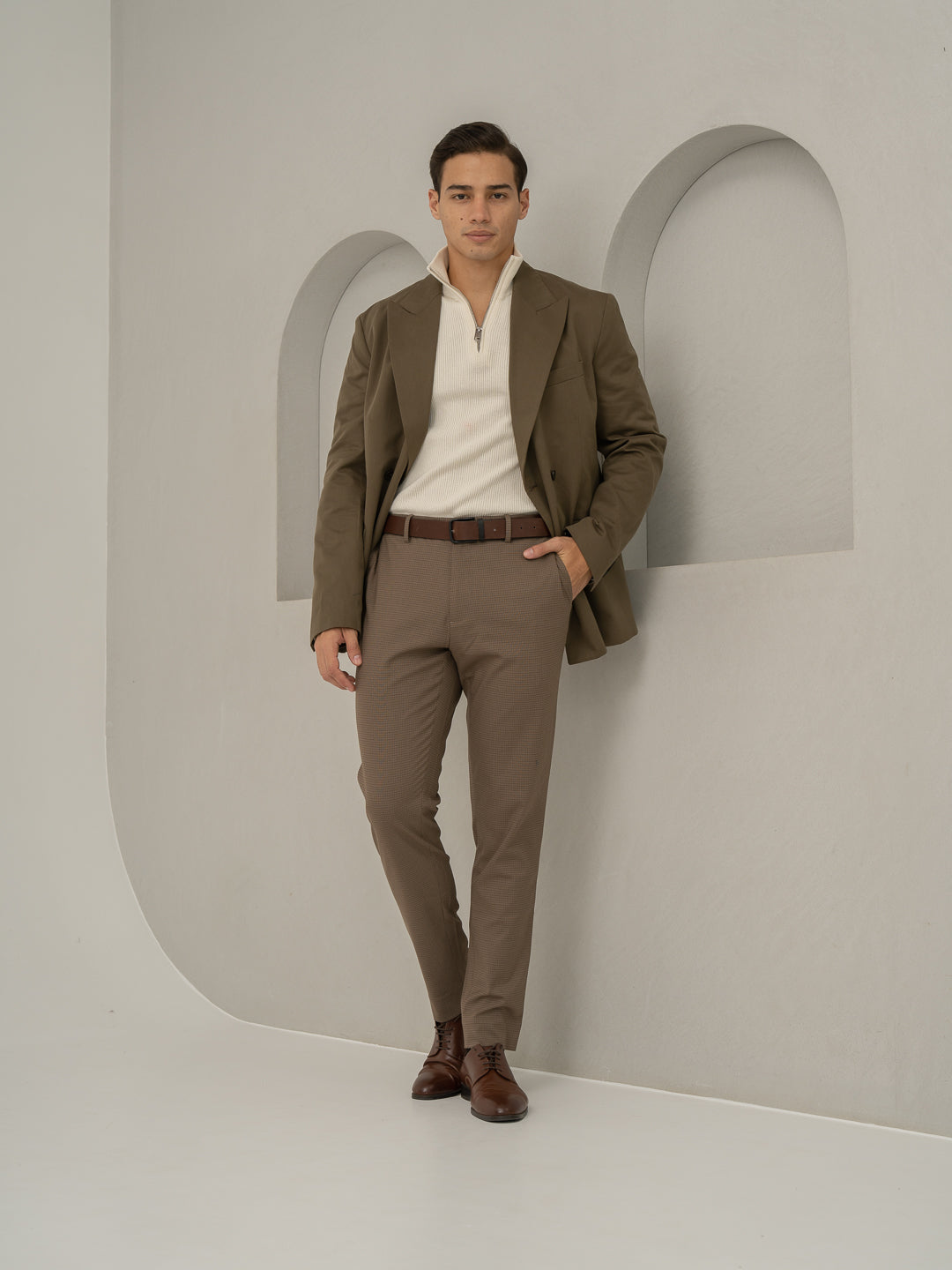 Hazel Brown Micro Checks Slim Fit Stretch Formal Pant