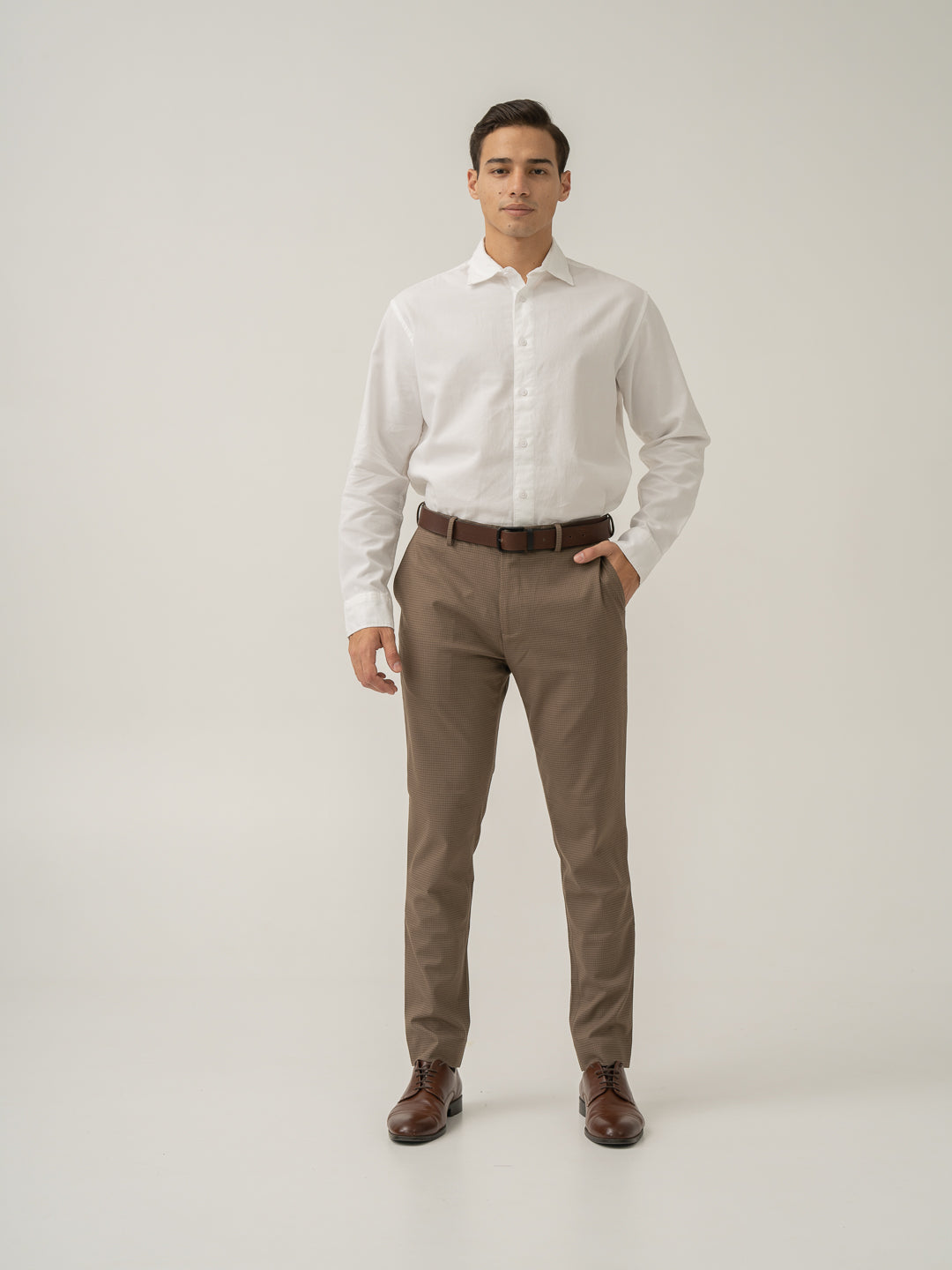 Hazel Brown Micro Checks Slim Fit Stretch Formal Pant