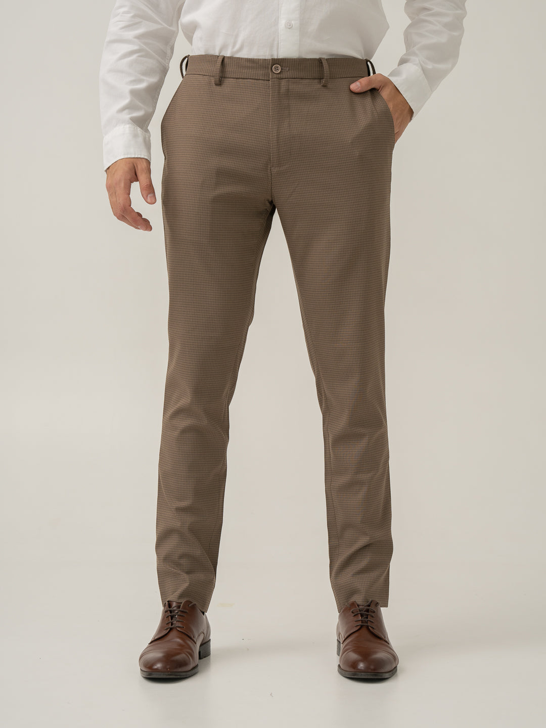 Hazel Brown Micro Checks Slim Fit Stretch Formal Pant